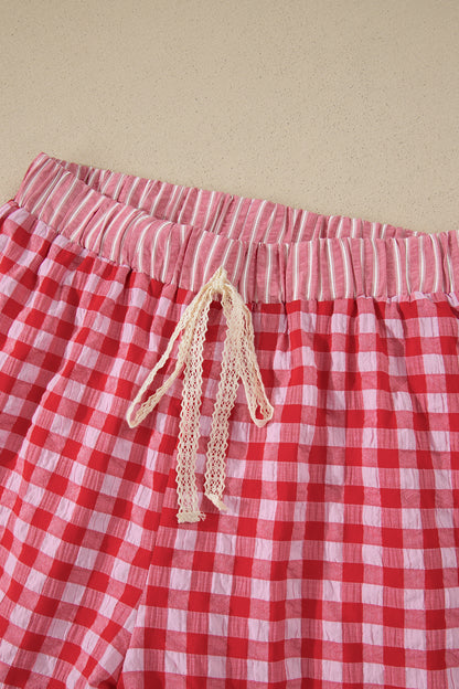Red Gingham Print Ruffle Striped Detail Lace Tie Shorts - Snoopy's Closet