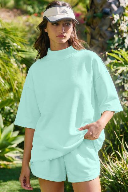 Moonlight Jade Solid Color Exposed Seam Mock Neck Oversize Tee Casual Shorts 2pcs Outfit - Snoopy's Closet