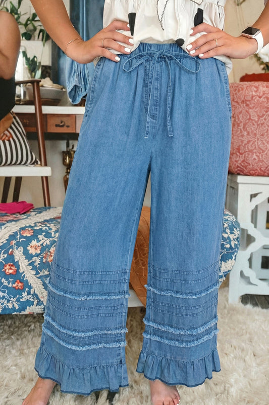 Pantalones anchos de chambray con bajo de volantes azul anochecer