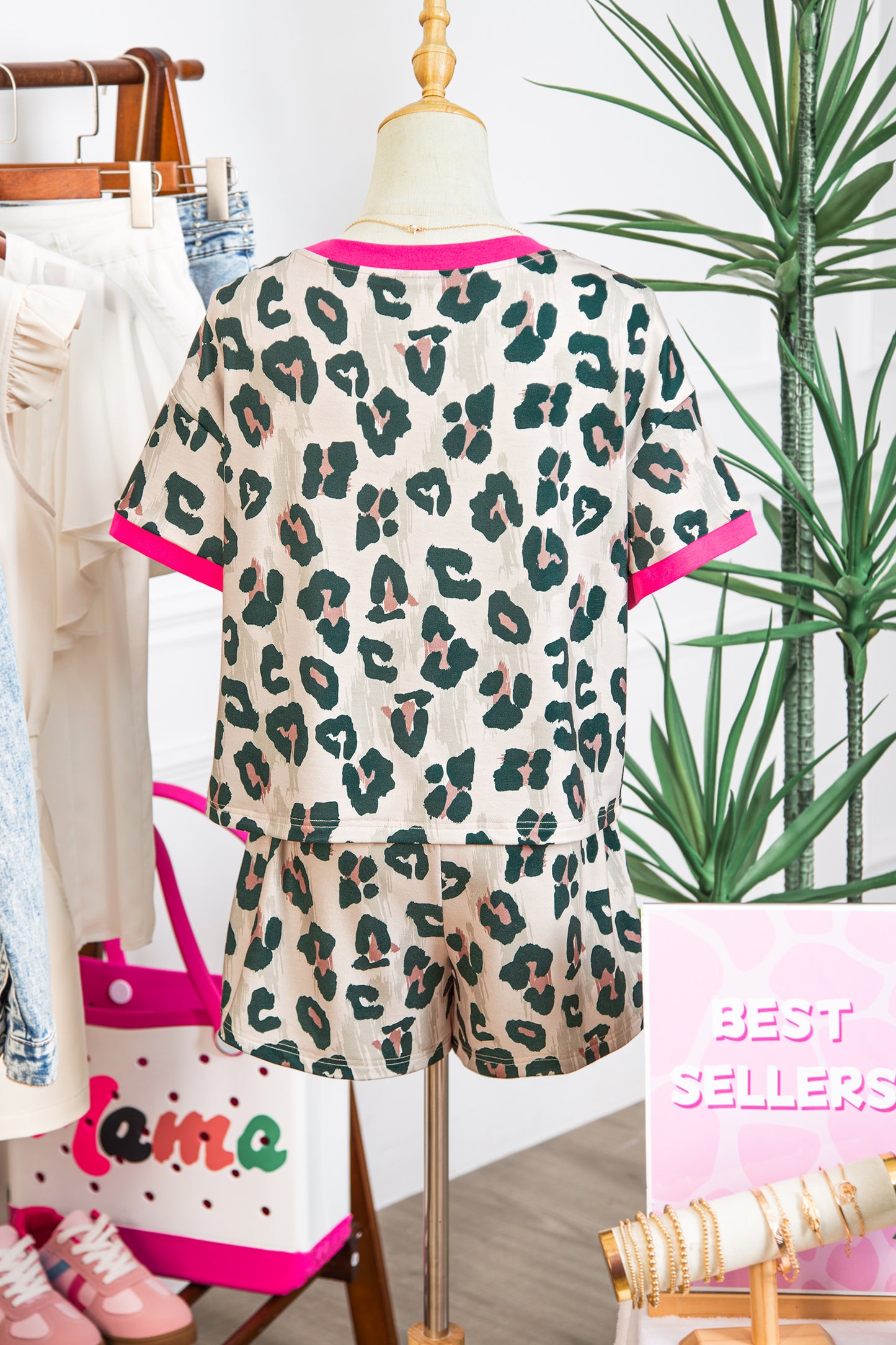 Brown Unique Leopard Print Contrast Trim Top Loose 2pcs Short Set - Snoopy's Closet