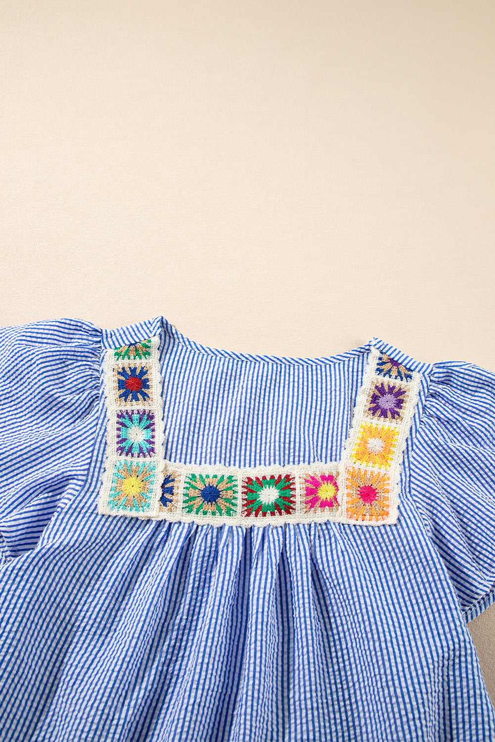 Sky Blue Stripe Textured Ruffle Short Sleeve Boho Detail Square Neck Blouse - Snoopy's Closet