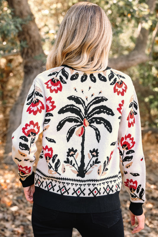 Cárdigan de punto con cuello de pico, botones delanteros y estampado floral beige