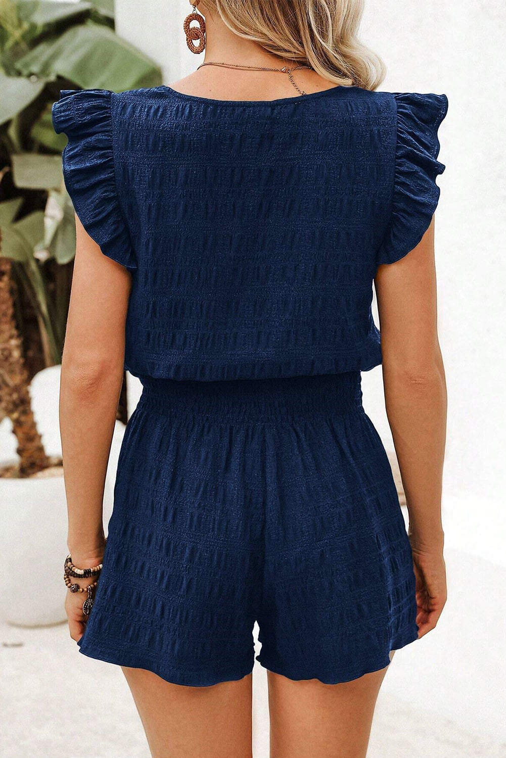 Dirty blue Textured Square Neck Top and Shirred High Waist Shorts Set - Snoopy's Closet