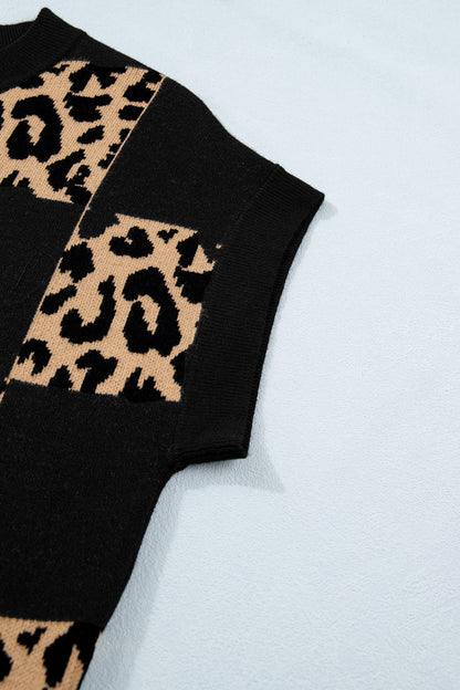 Suéter de punto de manga corta a cuadros de leopardo negro