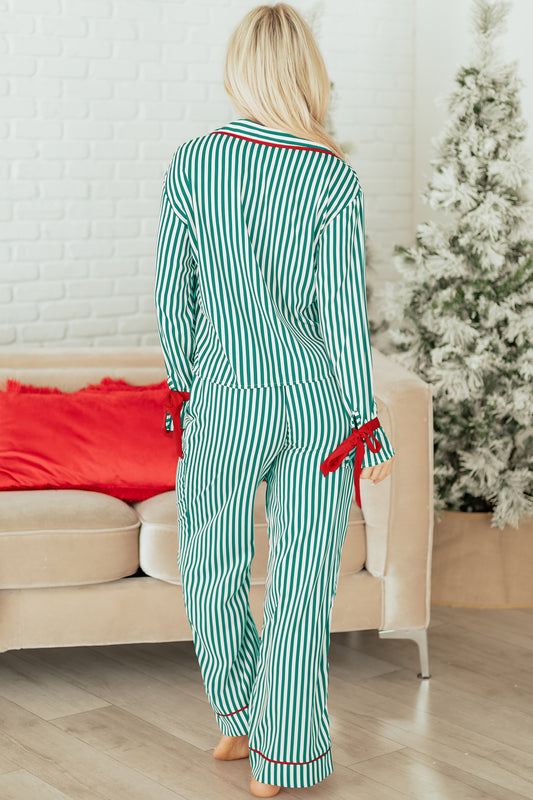 Green Stripe Contrast Velvet Trim Bow Knot Waist 2pcs Pajama Set - Snoopy's Closet