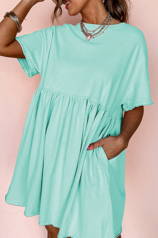 Vestido Babydoll de un Solo Color con Bolsillos y Borde sin Rematar Moonlight Jade