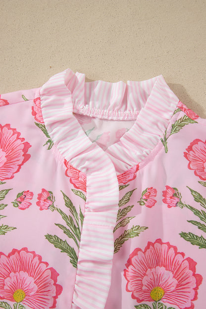 Camisa de manga abullonada con volantes y rayas Pink Sweet Blooms