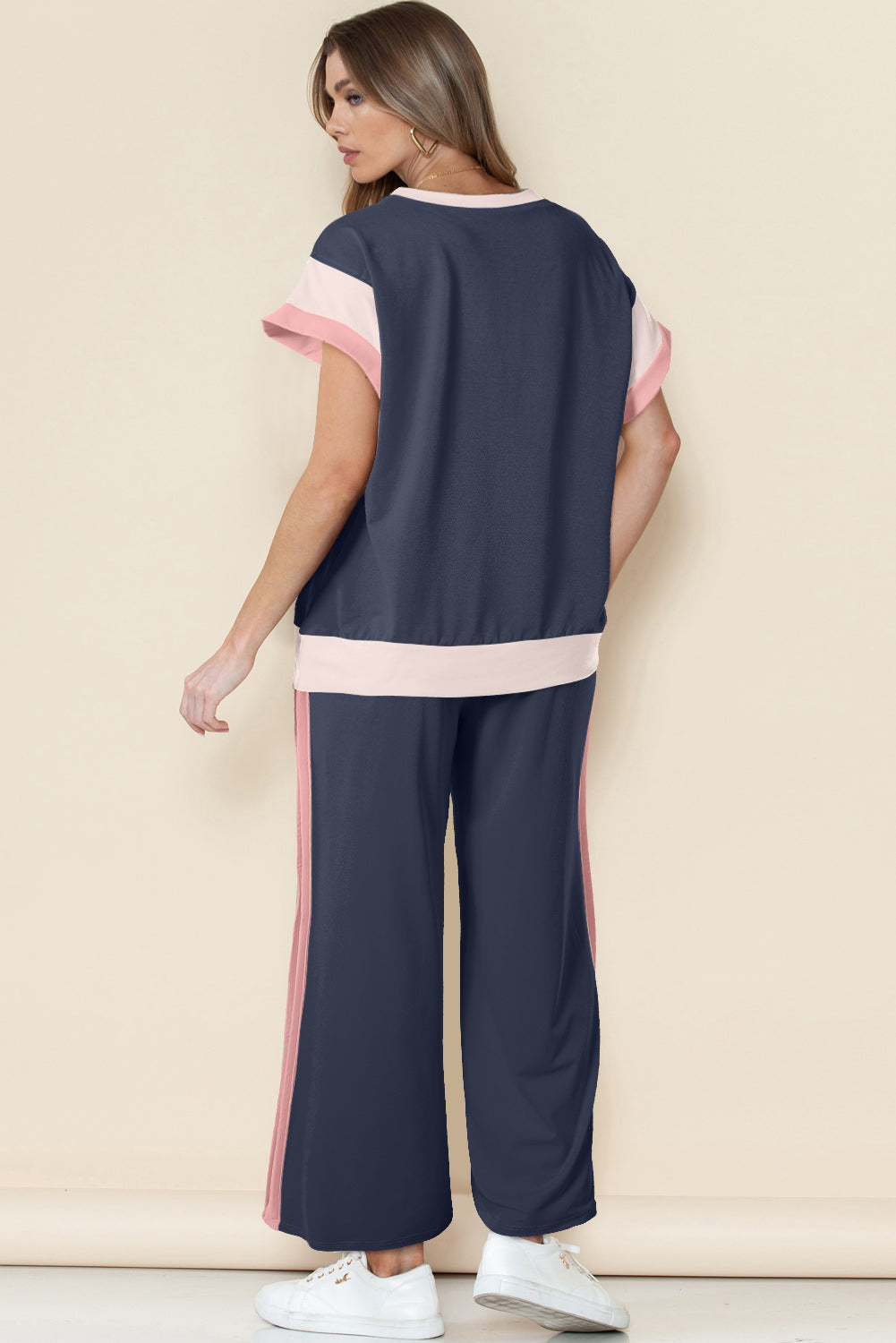Navy Blue Color Block Detail Casual Two-piece Set - Snoopy's Closet