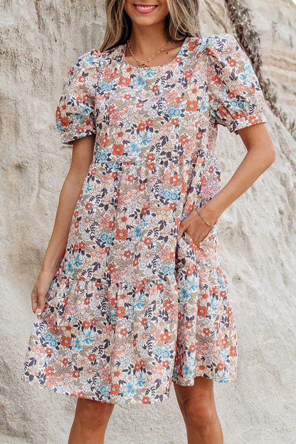 Apricot Bohemian Floral Print Short Puff Sleeve Mini Dress - Snoopy's Closet