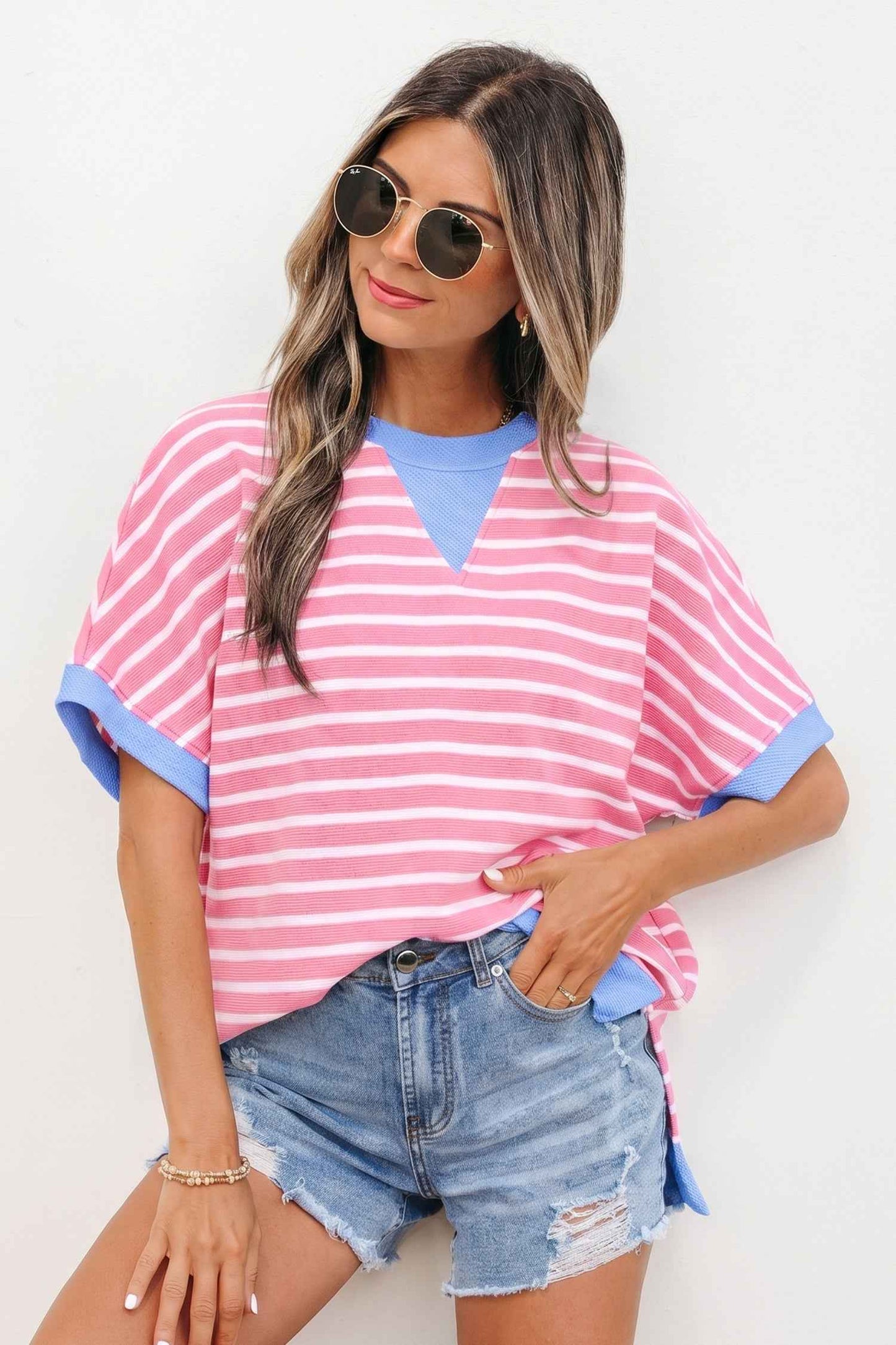 Pink Stripe Contrast Trim Loose Short Sleeve Top