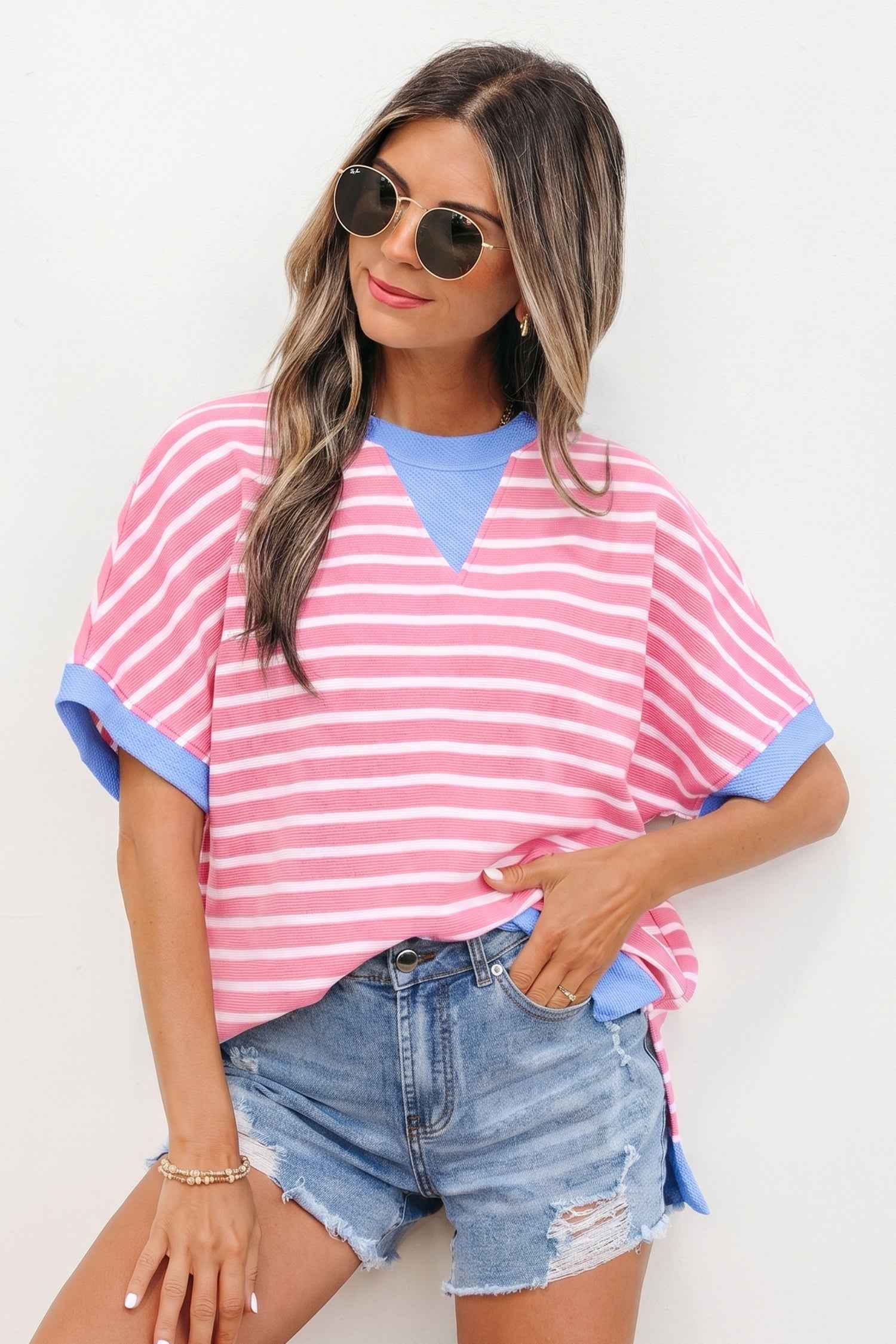 Pink Stripe Contrast Trim Loose Short Sleeve Top