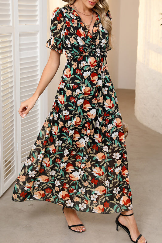 Vestido Maxi de Manga Corta con Volantes y Cuello de Pico con Estampado Floral Negro Ardiente