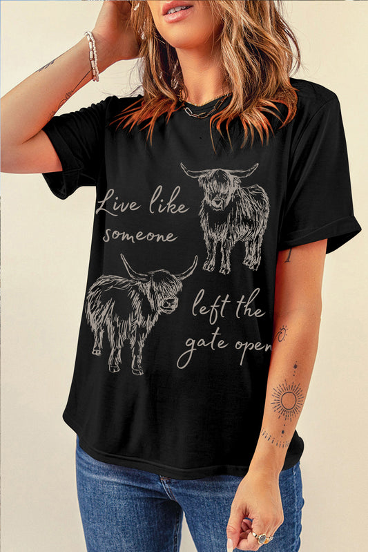 Camiseta casual con cuello redondo y estampado de vaca del Oeste en negro