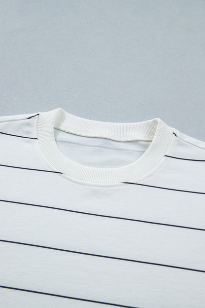 White Stripe Half Sleeve Tee Drawstring Shorts 2pcs Set