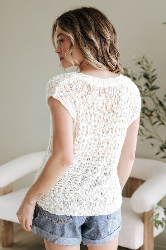 Beige Notched V Neck Short Sleeve Sweater - Snoopy's Closet