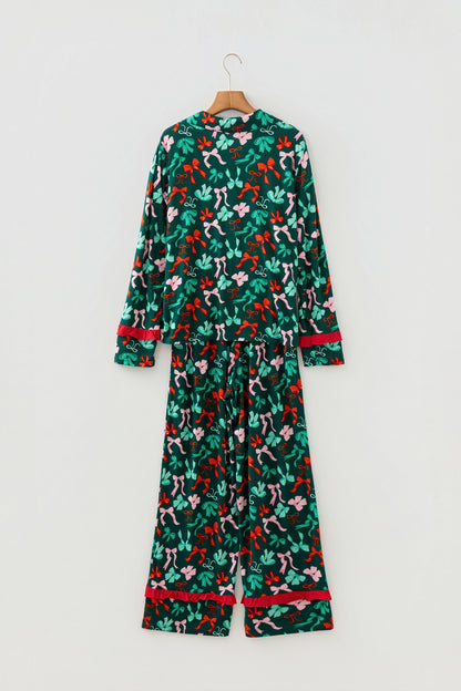 Green Festive Bow Print 2pcs Pajama Pant Set - Snoopy's Closet