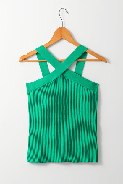Dark Green Ribbed Criss Cross Halter Neck Sheath Sweater Tank Top - Snoopy's Closet