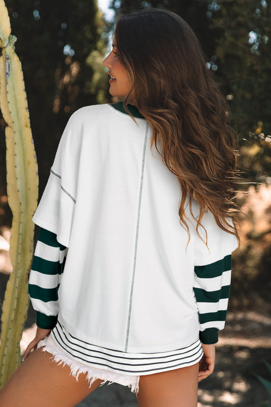 White Stripe Bowknot Patched Pattern Contrast Stitching Pullover Trendy Sweatshirt - Snoopy's Closet