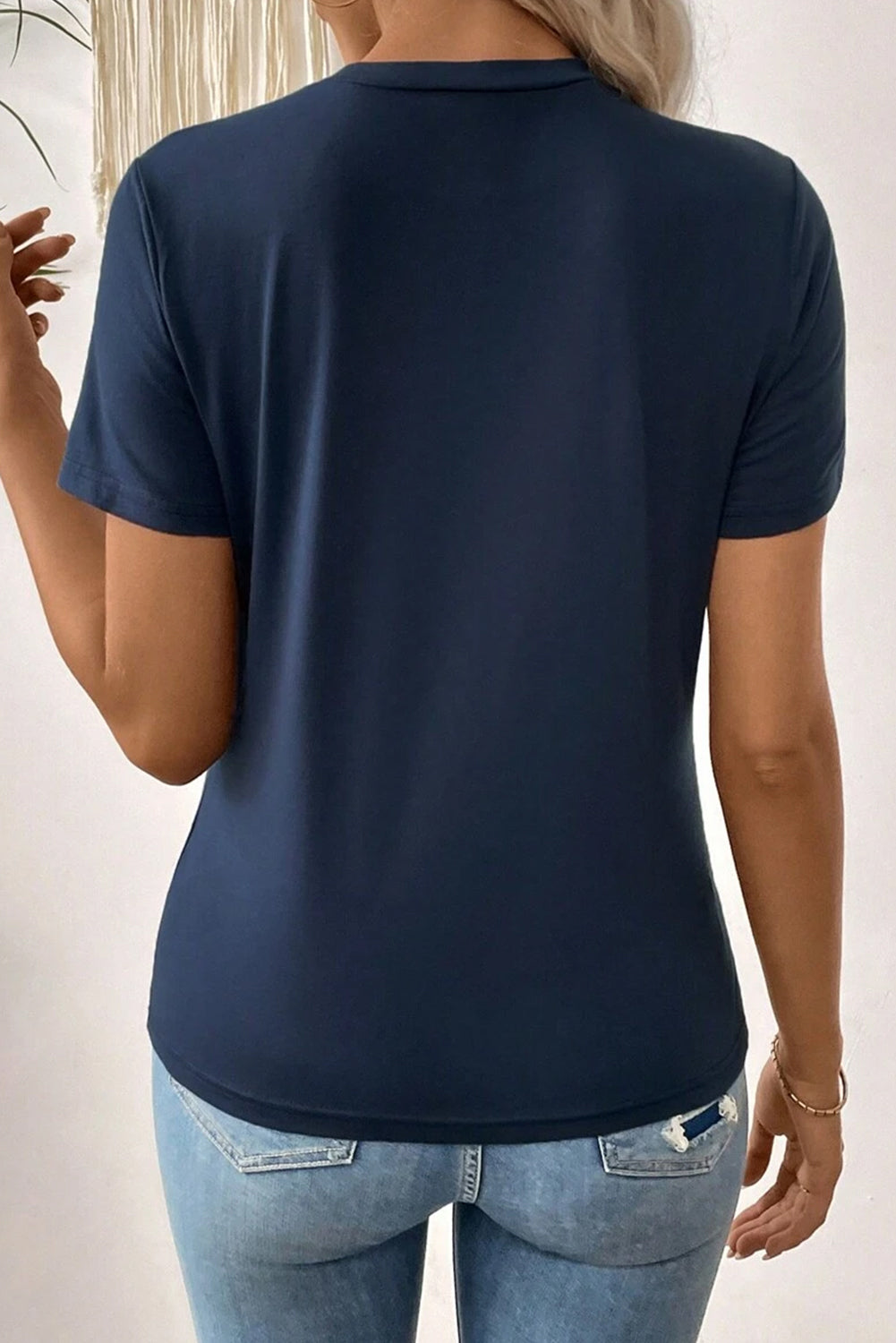 Dirty blue Solid Color Toothpick Stripe Round Neck T Shirt - Snoopy's Closet