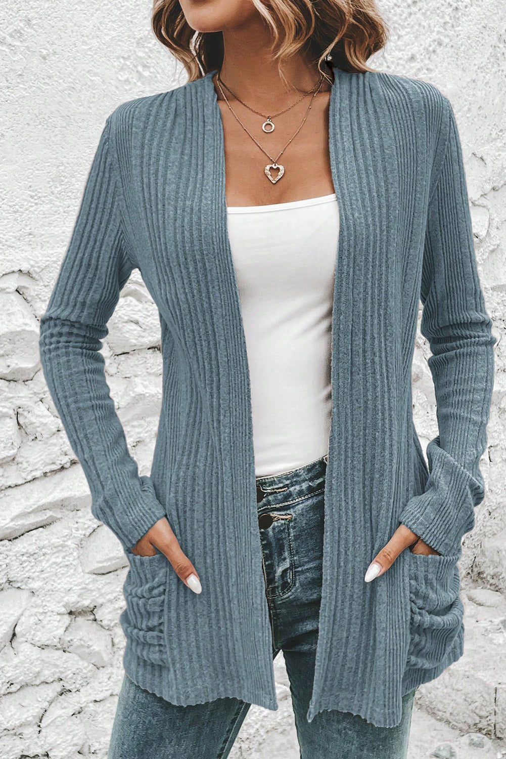 Stone Blue Ribbed Open Front Knitted Top with Pockets - Snoopy's Closet