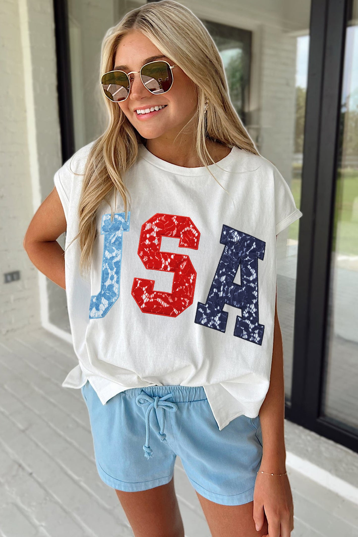 White USA Color Block Letter Printed Dolman Tee - Snoopy's Closet