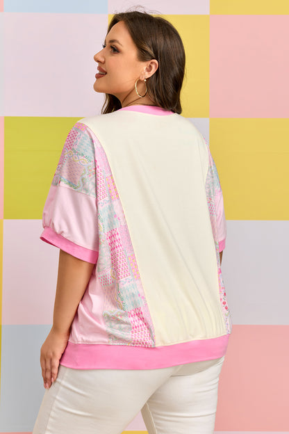 Camiseta de algodón de manga corta con estampado floral patchwork y bordado, talla grande, color beige