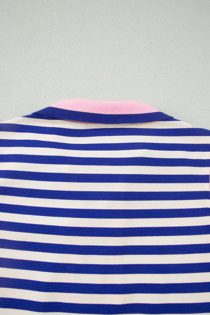 Dark Blue Textured Stripe Print Contrast Trim Zip Collar Sleeveless 2pcs Skort Set - Snoopy's Closet