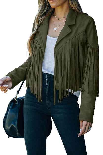 Chaqueta de ante sintético corta verde con flecos