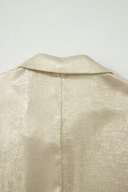 Top metálico beige de cuello y escote en V con media manga