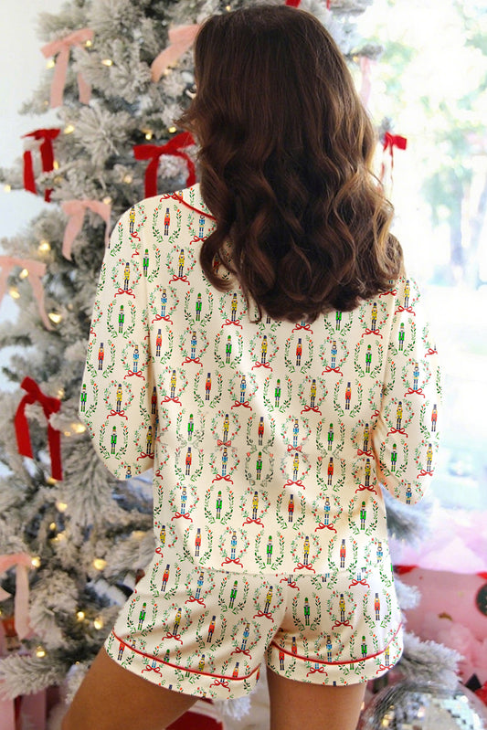 Beige Nutcracker Print Contrast Trim Tied up Bow Silky 2pcs Pajama Set - Snoopy's Closet