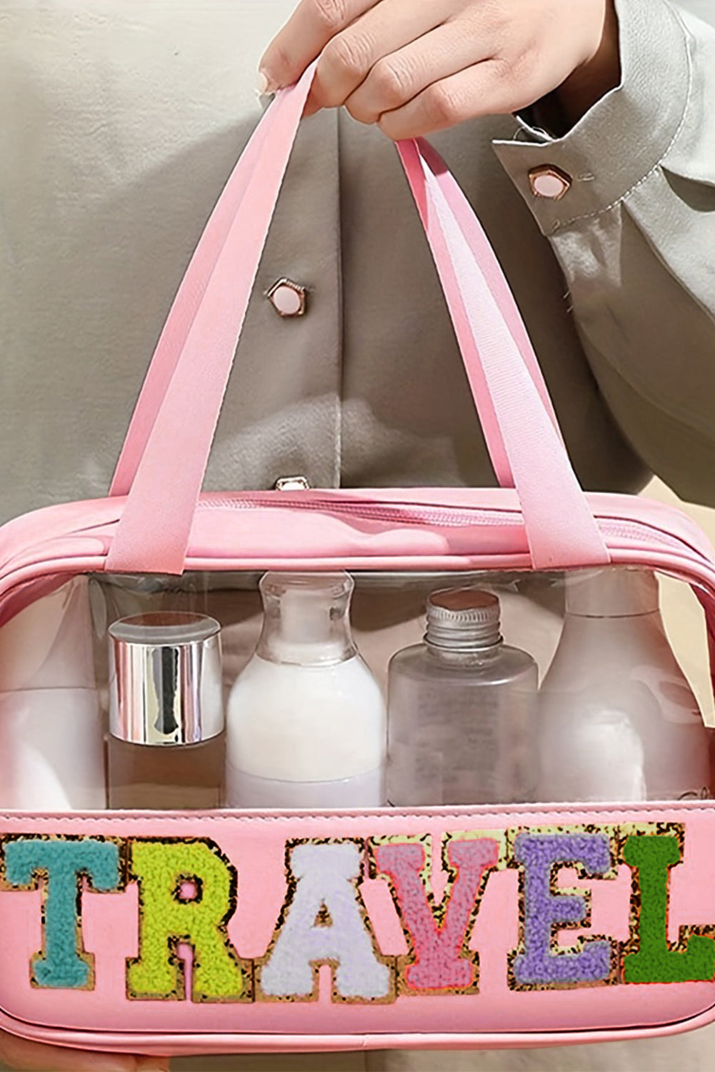 Light Pink TRAVEL Chenille Letter Clear PVC Makeup Bag - Snoopy's Closet