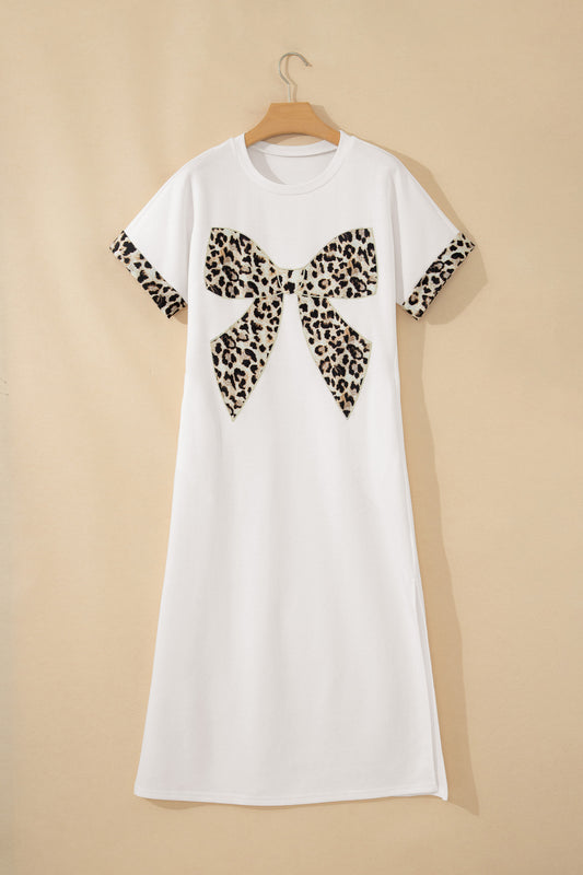 Vestido largo de manga corta con lazo de leopardo y contraste blanco