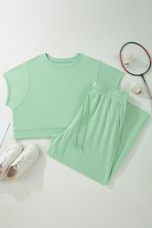Conjunto de 2 piezas de blusa de manga corta con ribete acanalado de color sólido Aqua claro y pantalón suelto con cordón