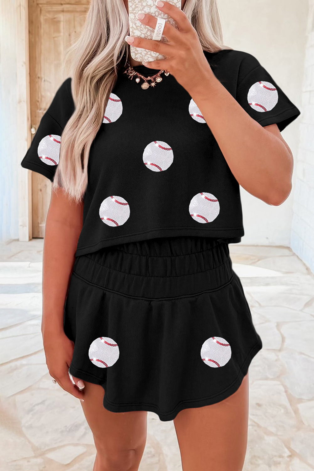 Black Baseball Print Skort Set - Snoopy's Closet