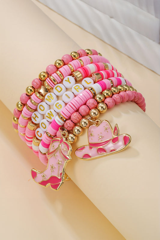 Conjunto de 7 Pulseras Elásticas con Cuentas de Sombrero y Botas de Vaquera "HOWDY" Rosas