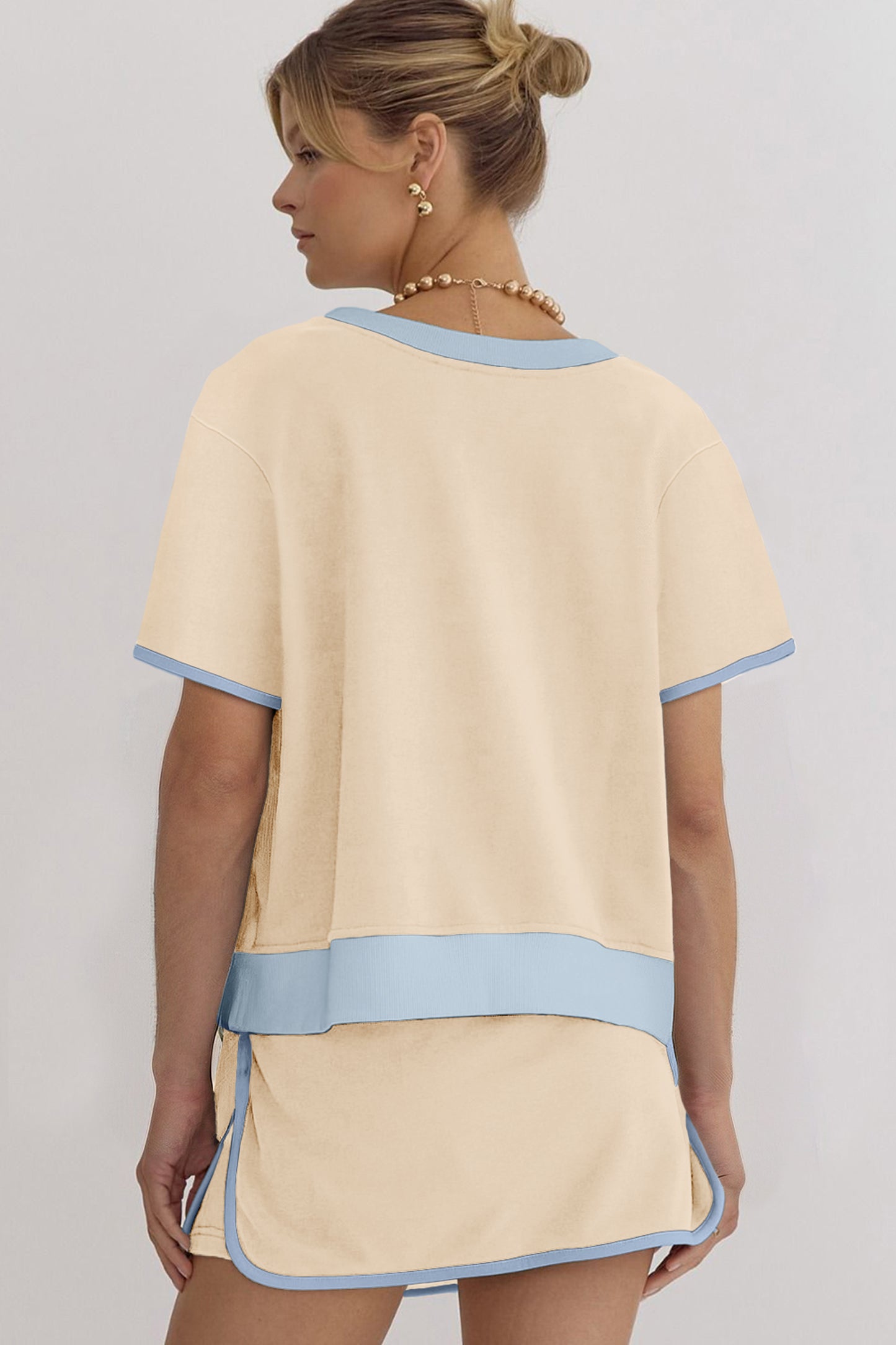 Apricot Colorblock Edge Drop Shoulder T Shirt and Skort 2Pcs Set