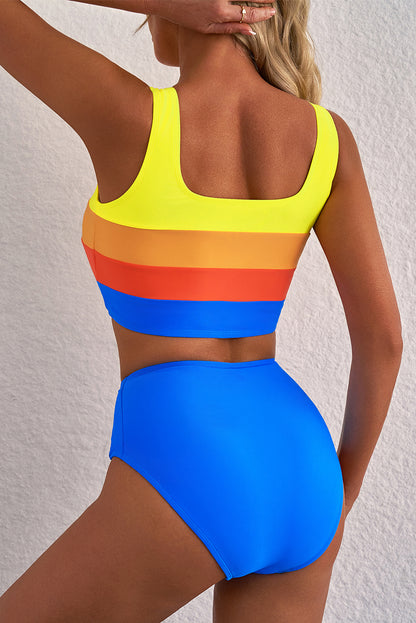 Blue Colorblock Square Neck Top Pleated High Waisted Bikini - Snoopy's Closet
