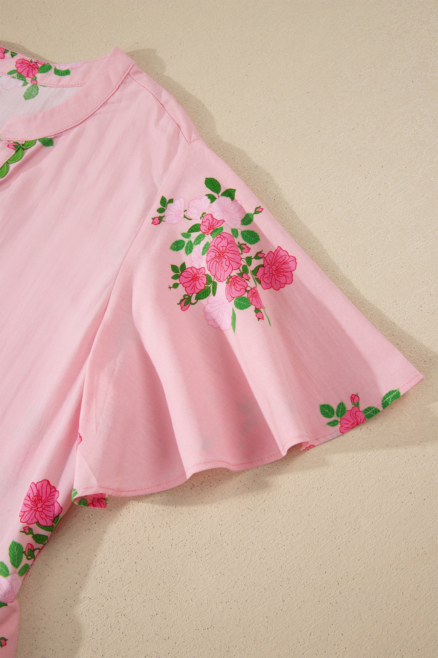 Pink Notched Neck Flutter Short Sleeve Floral Print Maxi Dress - Snoopy's Closet