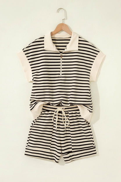 Black Stripe Ribbed Color Block Trim Zip Polo Tee Drawstring Shorts 2pcs Outfit - Snoopy's Closet