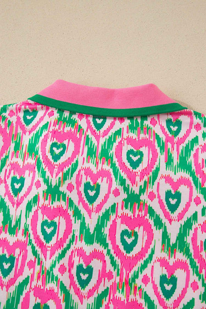 Green Abstract Heart In Heart Print Striped Trim Polo Collar Short Sleeve Blouse