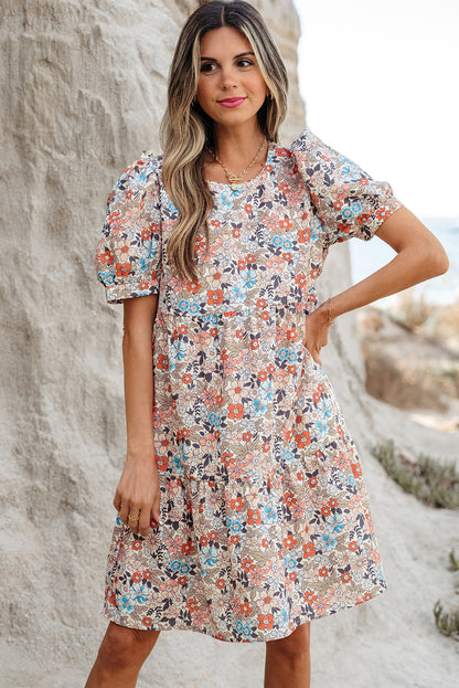 Apricot Bohemian Floral Print Short Puff Sleeve Mini Dress - Snoopy's Closet