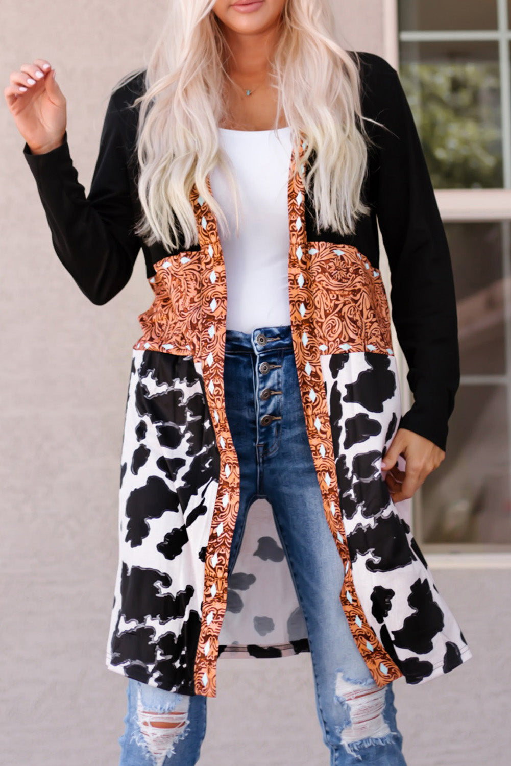 Black Western Pattern Cow Patchwork Open Front Cardigan - Snoopy's Closet