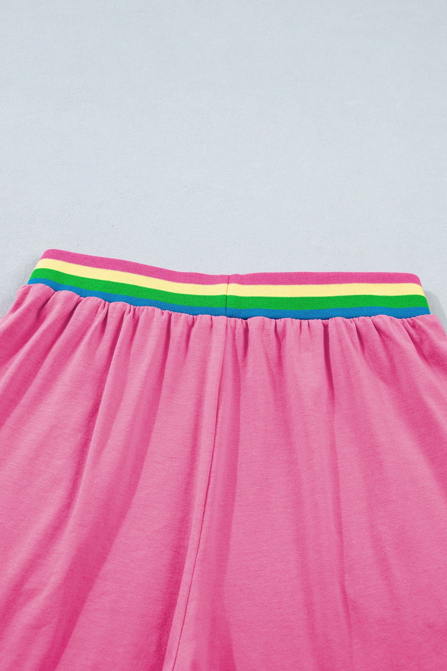 Bright Pink Seam Detail Raw Edge Tee Rainbow Waistband Casual Short Set - Snoopy's Closet