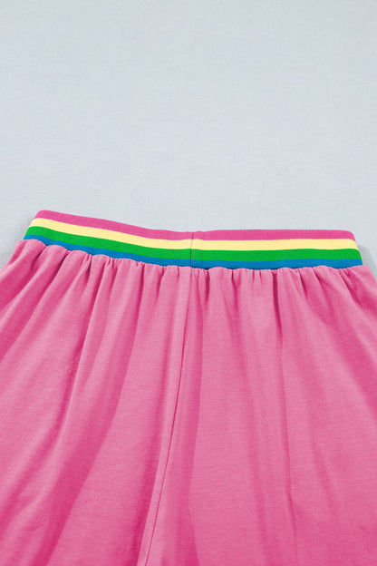 Bright Pink Seam Detail Raw Edge Tee Rainbow Waistband Casual Short Set - Snoopy's Closet