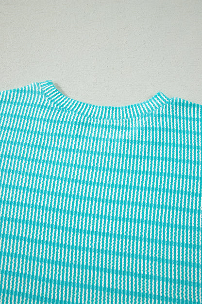 Sky Blue Stripe Raised Rib Loose Tee Drawstring Elastic Waist 2pcs Short Set