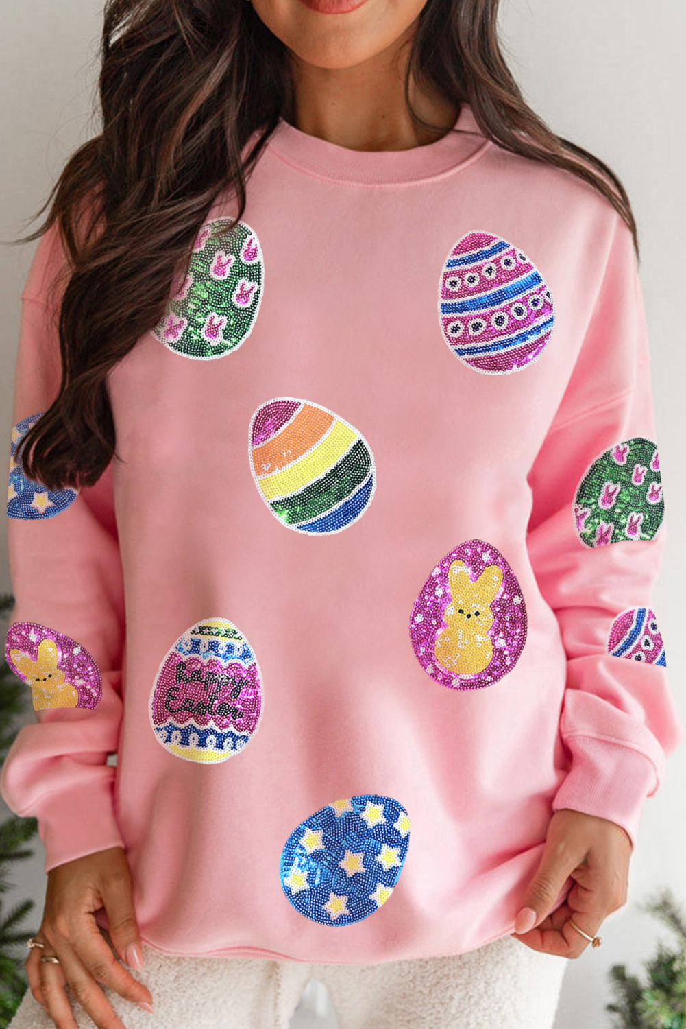 Pink Sequined Easter Egg Patched Pullover Sweatshirt - Snoopy's Closet