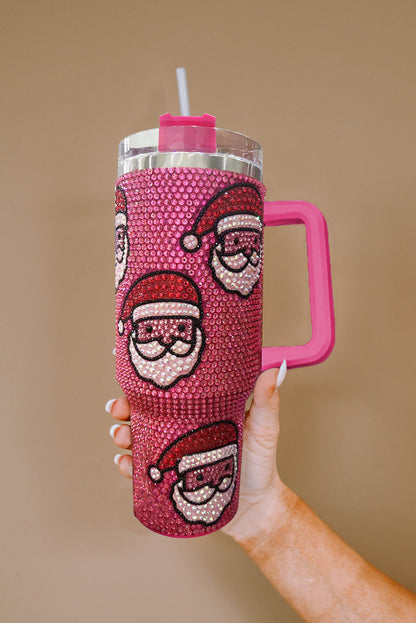 Vaso Termo Diamantado de Papá Noel de Navidad Rojo Rosa con Pajita de 40oz