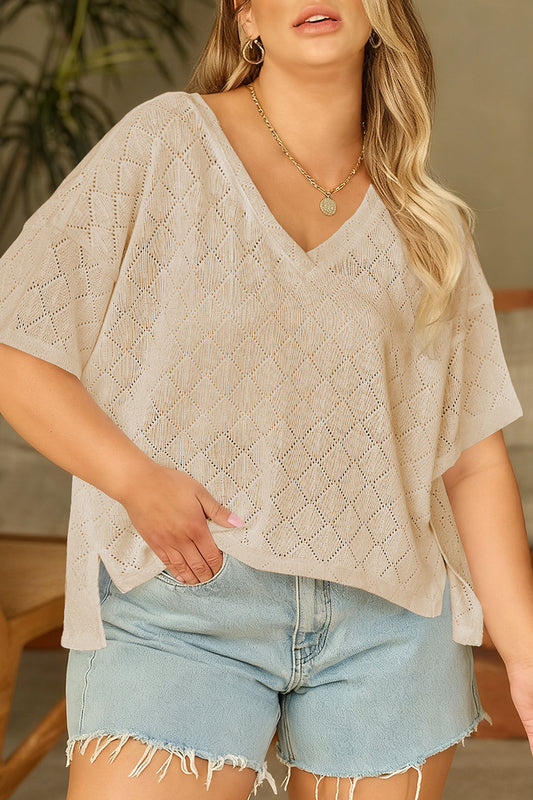 Top de Punto Suelto con Cuello en V de Talla Grande con Diseño de Rombos Calados Golden Fleece