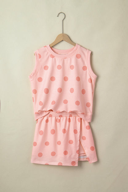 Pink Ribbed Trim Polka Dot Print Tank Split Mini Skort 2pcs Set - Snoopy's Closet