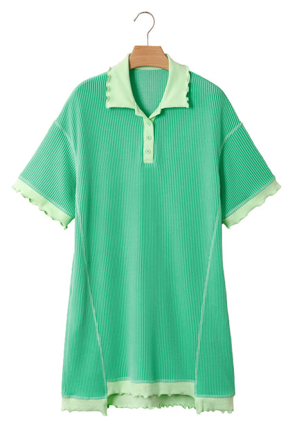 Vestido Camisero Polo Acanalado de Gran Tamaño con Diseño Trenzado Verde Menta